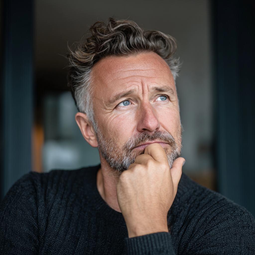 Middle-aged man in contemplative pose, representing personal development philosophy