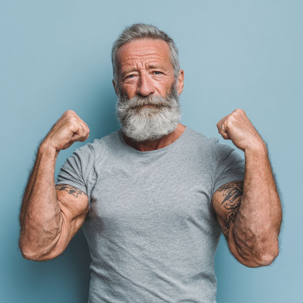 Older adult man showing strength and confidence after personal development transformation